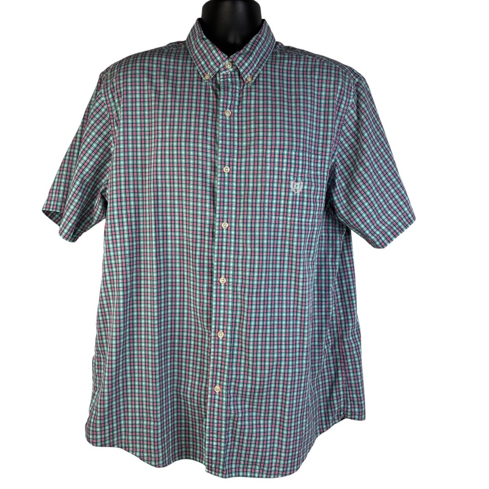 Chaps Men's Button Down Shirt Pink Green Plaid Sz XL Short Sleeve Pocket Relaxed